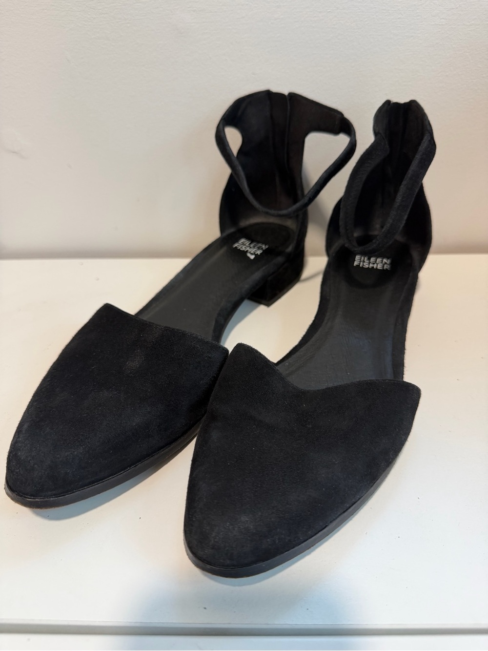 Eileen Fisher Black Suede Pointed D'Orsay Flats with Ankle Strap